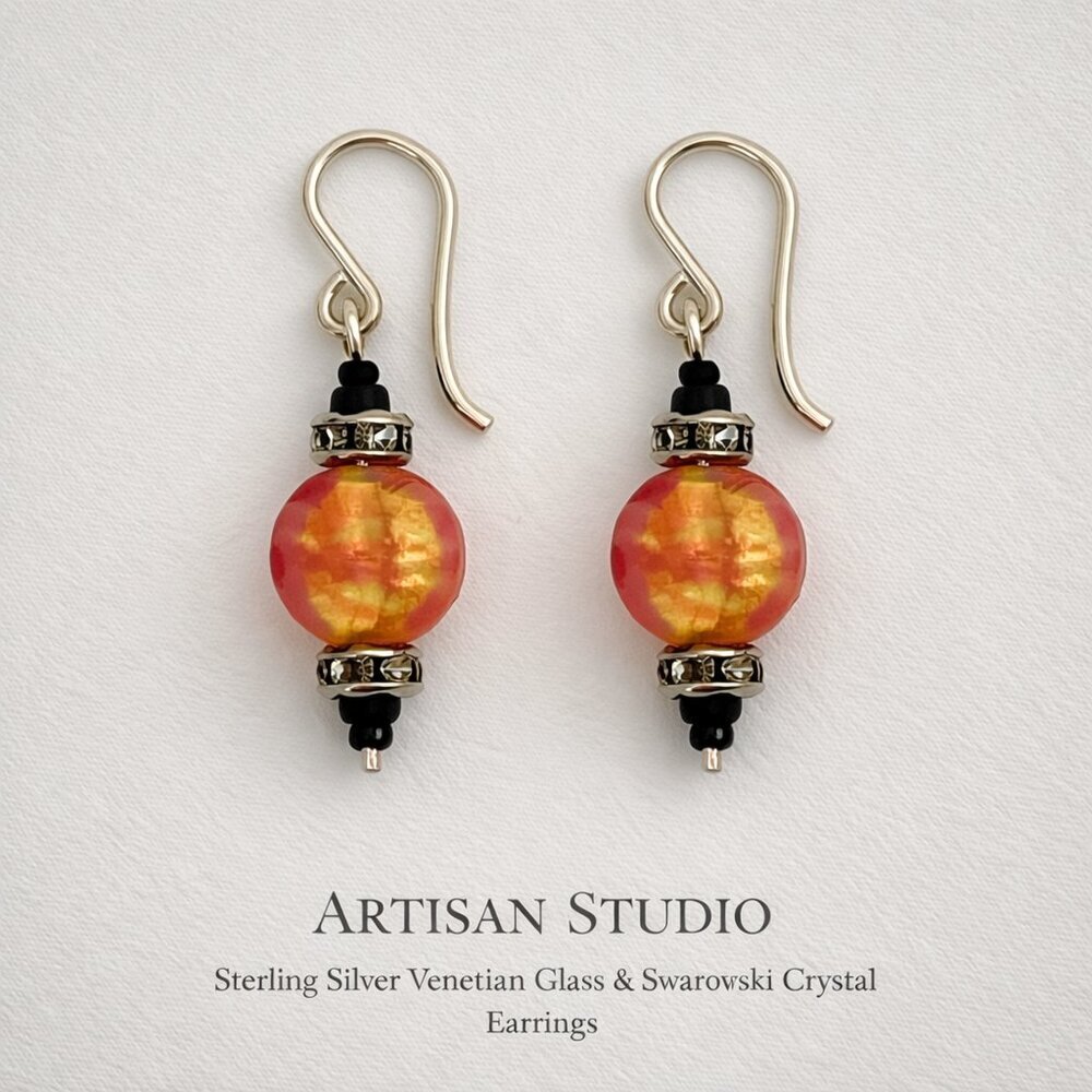 Artisan Sterling Silver Swarovski Crystal 24K Gold Lined Venetian Glass Earrings